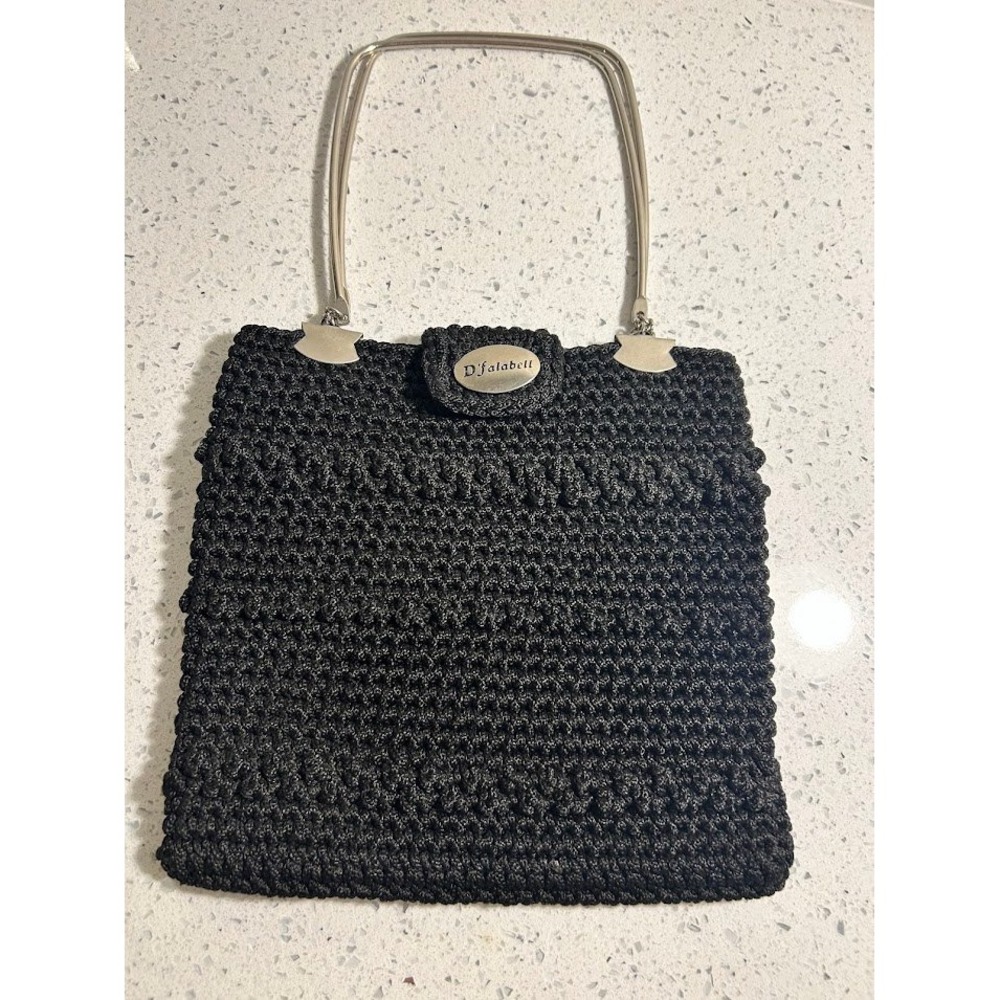 D'Falabell Black Crochet Knit Handbag Silver Metal Handle